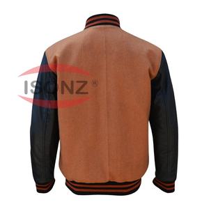 Veste universitaire en laine marron unie à manches noires, avec broderie en chenille et manches en cuir, de haute qualité, à côtes - Product Image 2