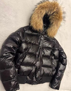 Luxury Cropped Black Glossy Puffer <b>Jacket</b> With Detachable Real <b>Fur</b> <b>Hood</b> Biker Bomber Style Duck Down Winter Puffer <b>Jacket</b> - Product Image 2