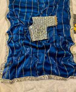 SECUENCIA DE SEDA AZUL RICA Y TRABAJO DE ESPEJO REAL SAREE CON BLUSA COSTADA DESGASTE DE FIESTA SAREE PRECIO AL POR MAYOR ROPA ÉTNICA - Product Image 1
