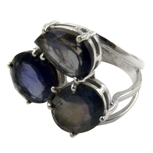 Pierre précieuse naturelle Iolite Bague ethnique à trois pierres en argent sterling 925 Conception de commande personnalisée Fabricant de bijoux Exportateur indien - Product Image 1