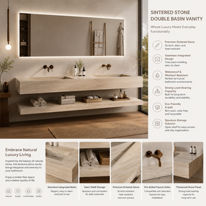 Maßgefertigtes Wandmontiertes Badezimmer-Waschtischset aus Mineralwerkstoff Nahtloses Doppelwaschbecken Travertin-Waschbecken Modern Minimalistisch - Product Image 1