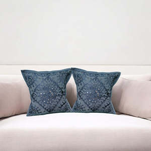 Turquoise <b>Blue</b> and Dark <b>Blue</b> Handmade 16x16 Square Mirror Work Cotton Cushion Covers Throw Pillow Accent <b>Sofa</b> <b>Bed</b> Pillows Set - Product Image 3