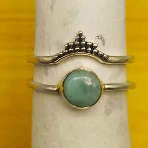 Larimar 925 argent Sterling minimaliste bohème bijoux de mariage artisan fabriqué deux bandes bague empilable diamant Cabochon perle - Product Image 2
