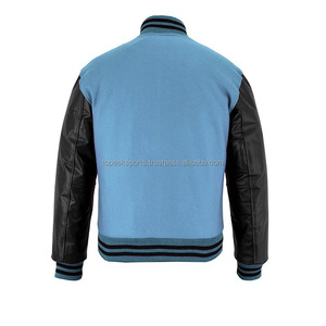 Blouson universitaire 2026 OEM bleu ciel emblématique en laine avec manches en cuir noir, col montant, pour homme, haute qualité, faible MOQ, blouson chauffant tendance - Product Image 2
