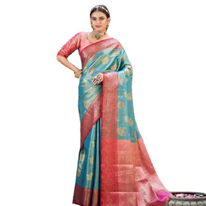 Bollywood hermosa secuencia de seda tejida a mano borlas puras y Sari de pliegue puro - Product Image 1