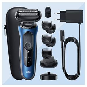 Rasoir électrique sans fil rechargeable bleu pour homme avec tête flexible et accessoire tondeuse à barbe étanche IPX7, base de charge - Product Image 4