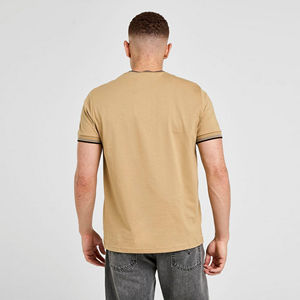 <b>Mens</b> Khaki Striped Trim Short Sleeve Cotton T-<b>Shirt</b> Custom Logo OEM ODM Wholesale Apparel - Product Image 4