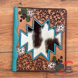 Top Selling Handcrafted Western Floral Genuine Tooled Leather & Cowhide Planner Hair on Star Pattern Genuine Leather Portfolio - Product Image 1
