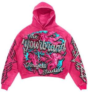 Custom Heavyweight Acid Wash Flared Sweatpants and Hoodie <b>Sets</b> Men Embroidery Streetwear Tracksuit Rhinestone Cropped Sweatsuit - Product Image 2