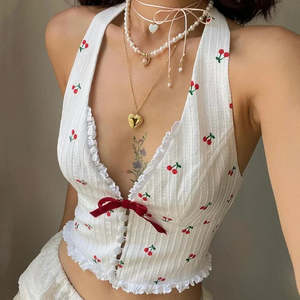 Wholesale Custom Women Halter Neck <strong>Cherry</strong> Print Tank <strong>Top</strong> Sleeveless Tie Front Lace Trim Slim Fit Vintage Crop <strong>Top</strong> - Product Image 1