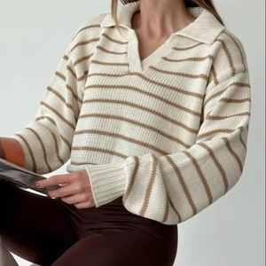 Autumn Winter <b>Women's</b> Casual Sweaters Striped Notched Drop Shoulder Long Sleeve Turn-Down Collar Custom <b>Brown</b> Knit Pullovers - Product Image 1