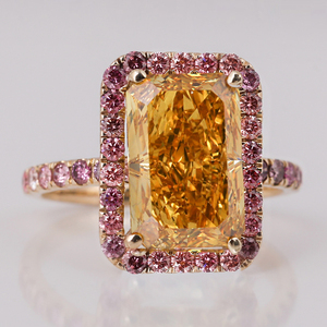 Yellow Radiant Cut Lab Grown Diamond Halo Setting Pink Round Diamond Engagement Ring 18K <b>Solid</b> Gold Trendy Style Women Gift Ring - Product Image 1