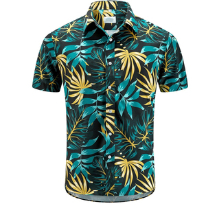 Chemise de plage hawaïenne en sergé de coton mélangé pour hommes, col personnalisé, fermeture à boutons, manches courtes pour le printemps, été - Product Image 2