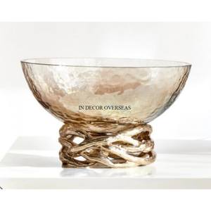 Cuenco pulido brillante plateado de metal resistente de forma redonda con textura martillada con base de diseñador única chapada en oro de la India - Product Image 1