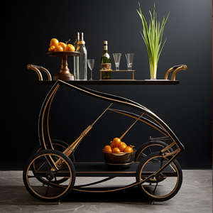 Chariot de bar classique à trois niveaux, design en laiton et bois, forme ovale. Parfait pour le whisky et les cocktails. Disponible au prix de gros. - Product Image 3