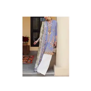 Asli Bermerek Mode Baru Setelan Rumput Wanita Etnik Pakistan Bordir 3 Potong Shalwar Kameez Dupatta Setelan