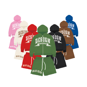 Custom Logo Winter Printed High Street Wear 100% Cotton <b>Mens</b> Zipper Fleece Breathable Hoodies <b>Shorts</b> 2-Piece <b>Shorts</b> Set Casual - Product Image 1