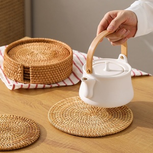 Posavasos de ratán redondos naturales clásicos con soporte, alfombrillas ecológicas reutilizables resistentes, personalizadas para comedor - Product Image 2