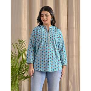 Blusa Azul Butti de Algodón con Botones Delanteros, Estampado Floral, Logotipo Bordado, Cuello con Volantes, Corte Holgado para Mujer, Talla XL, Estilo Coreano - Product Image 5