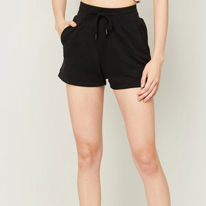 BIG TEN APPAREL Pantalones Cortos de Punto para Mujer, Cintura Media, Cordón Ajustable, Bolsillos, Estilo Casual, Color Negro Sólido, Transpirables, 100% - Product Image 1