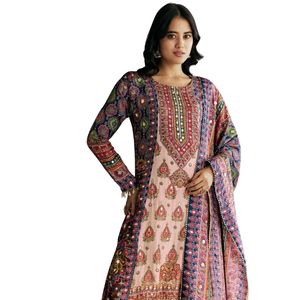 Completo Kurta Palazzo in Seta Stampata Blu Avorio con Dupatta, Abbigliamento Etnico Femminile all'Ingrosso, Fornitore OEM di Abbigliamento in Grandi Quantità - Product Image 4