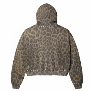 Wholesale Custom Men Leopard Streetwear Tracksuit Rhinestone Embroidery Hoodie and Flared Jogger <b>Sweatpants</b> <b>Set</b>. - Product Image 4
