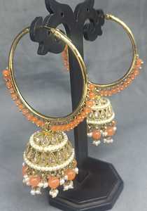 Pendientes de Aro Estilo Clásico Polki Mehandi, Diseño Floral, Hechos de Latón con Piedra Principal de Rubí para Bodas - SKU 2096 E1 - Product Image 4