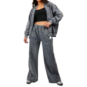 2 piezas Vintage Acid Wash 2 en 1 Heavyweight Winter Zip Up Hoodie para mujer 100% algodón - Product Image 1