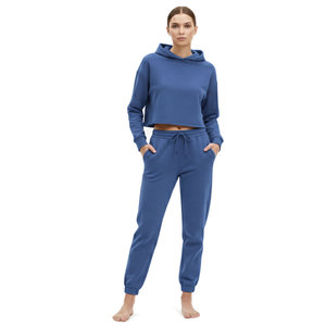 Ensemble sweat à capuche court et pantalon de survêtement pour femme, en polaire légère, doux, écologique, réversible, style urbain, couleur unie, pour l'hiver - Product Image 2