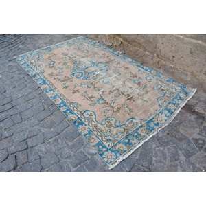 Tapis Vintage 48x84ft en Laine Turque Beige Bleu Patchwork Style Classique Boho Rectangle Design pour Salon Chevet Support en Latex - Product Image 2