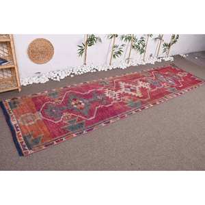 Tapis Vintage en Laine 2.9ft X 10.7ft Rouge Gris Patchwork Rectangle Design pour Entrée Chambre Lit Peluche 325cm X 88cm Latex Soutenu - Product Image 3