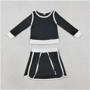 GLD1481 Solid Color <b>Black</b> Yoga Girls <b>Skorts</b> Set - Product Image 3