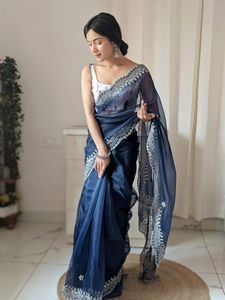 Pure <b>Organza</b> <b>Silk</b> Saree with Handwork and Machine Work Ladies Cutwork Border and Multi-Thread Sequence for Weddings Parties - Product Image 4