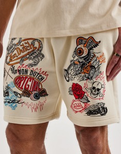 Shorts tendance d'été en coton épais style streetwear avec imprimé graffiti, taille élastique et cordon de serrage, coupe ample - Product Image 1