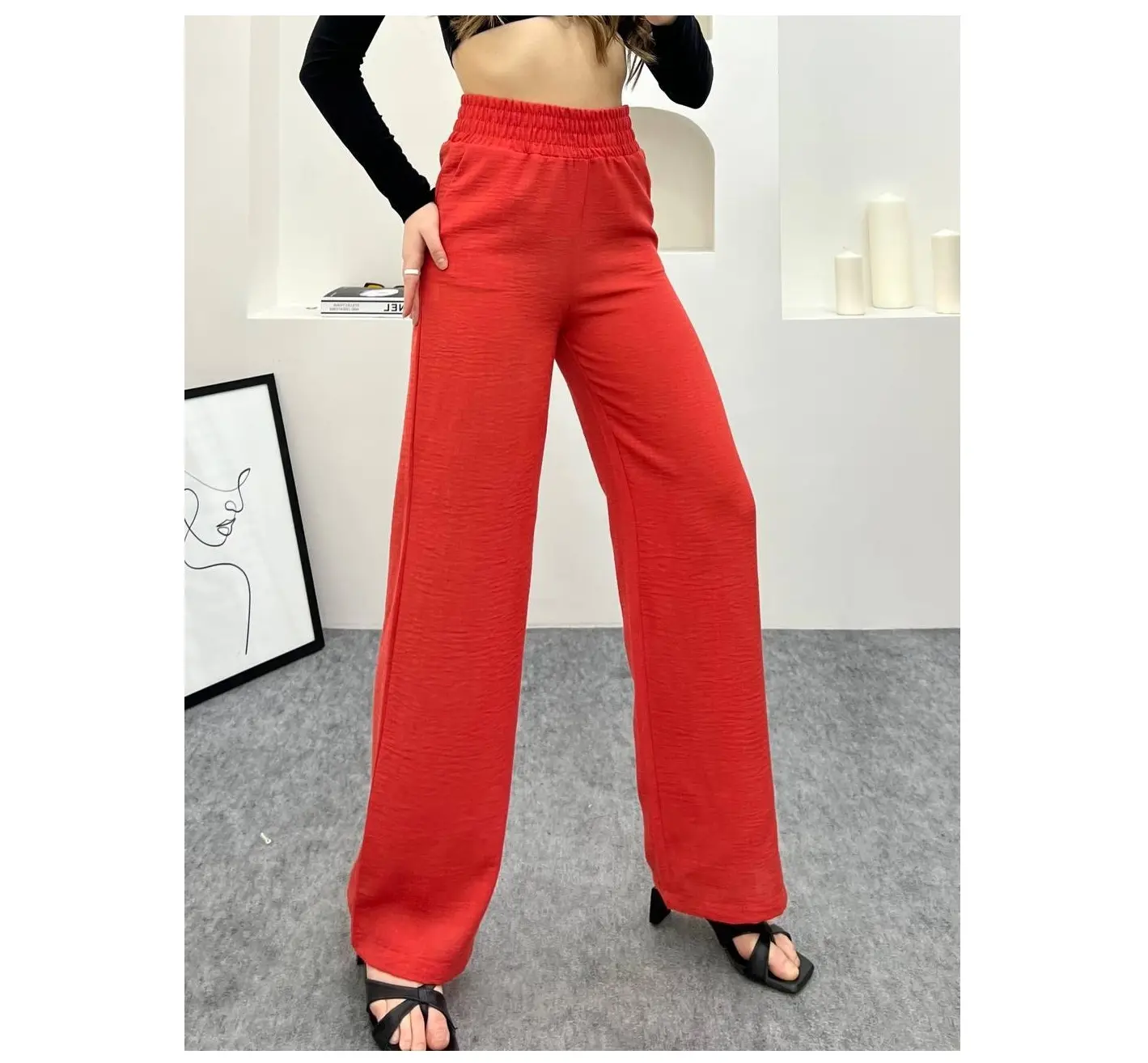 Custom Wijde Pijpen Broek Broek Losse Stijl Broek Hoge Taille Mode Casual Wijde Pijpen Palazzo Broek Rode Lente En Zomer