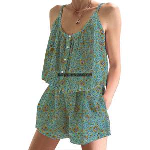 Pure Cotton <b>Women's</b> Trim Neck Dress Hand Block Printed Shorts <b>Pajama</b> Set Spring/<b>Summer</b> Floral Sleeveless PJ Set - Product Image 4