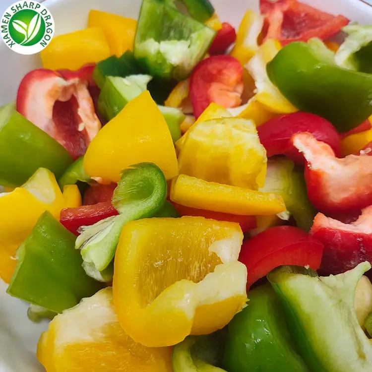 Embalagem a granel IQF Congelado Chinês Misturado Vermelho Amarelo Verde Bell Pepper Congelado Orgânico Saudável Natural Preço de atacado