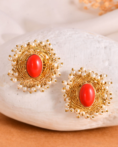 ต่างหูเม็ดเดี่ยวสีทองและเงินสเตอร์ลิง18K อัญมณีปะการังธรรมชาติดีไซน์น่าทึ่งเครื่องประดับแฟชั่นชั้นดีสำหรับงานหมั้น - Product Image 1