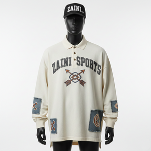 Polo de Punto de Algodón de Primera Calidad para Hombre, 240 GSM, Color Crema, Panel de Mezclilla con Apliques, Logotipo Personalizado - Product Image 6