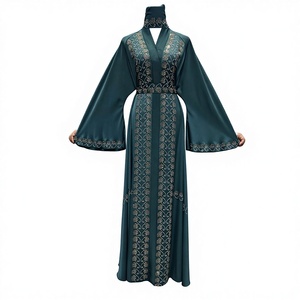 Wholesale Modest Dubai Beaded <b>Sequined</b> Long Sleeve Abaya Muslim Traditional Handmade Wedding Women Polyester Breathable V Neck - Product Image 4