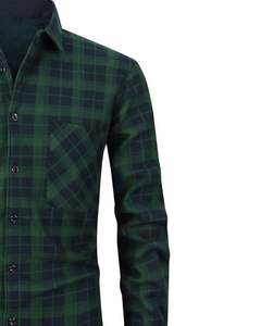 Camisa de Franela a Cuadros Negra y Verde Oscuro Personalizada para Hombre, Manga Larga, con Botones, Bolsillo en el Pecho, Cálida y Suave, OEM Personalizado - Product Image 3