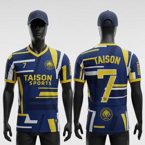 เสื้อฟุตบอลชาย GSM ระบายอากาศได้ดี ผลิตจากโพลีเอสเตอร์อินเตอร์ล็อค สีกรมท่า เหลือง ขาว ดีไซน์ลายเรขาคณิต พร้อมสกรีนโลโก้ตามสั่ง - Product Image 1