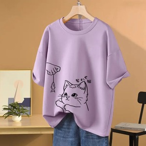 Camiseta holgada de verano con estampado para mujer, cuello de algodón, manga corta básica, Tops diarios holgados básicos transpirables - Product Image 5