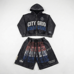 Custom Mens black Acid Wash zip up Hoodie Shorts Tracksuit <b>Set</b> Graphic Streetwear Heavyweight OEM Private Label B2B Manufacturer - Product Image 1