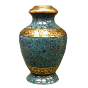 Urne de crémation traditionnelle américaine classique en laiton à motif or et vert de luxe pour la crémation en métal fantaisie de style unique de cendres humaines - Product Image 1
