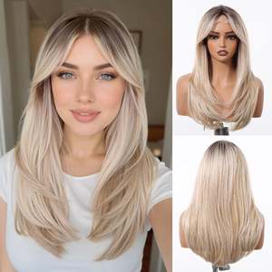 Mackenzie-DWY High Quality Premium Synthetic Lace Front <b>Wig</b> Long Straight Layered Pre-Plucked Glueless <b>Wig</b> Blonde Transparent - Product Image 2