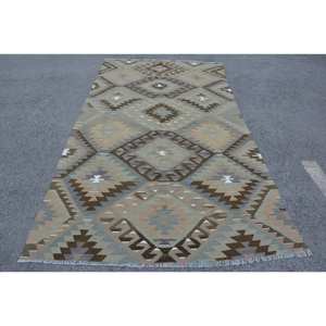 Alfombra Kilim turca Vintage 5,3 X 10.3ft Marrón Gris Patchwork Diseño Tejido plano Trenzado Lana Yute Látex Pasillo Rectángulo - Product Image 1