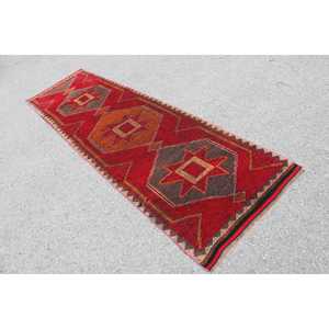 Turkish <b>Runner</b> Rug, 3.2x10.6 ft Vintage Rug, <b>Red</b> Herki Wool Rug - Product Image 4