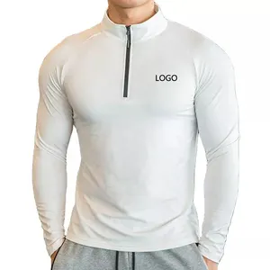 Polyester Fabric Long Sleeve Black T Shirt Men Seamless Half Zip Training Top T Shirt Men Running T shirt Quick Dry Athletic