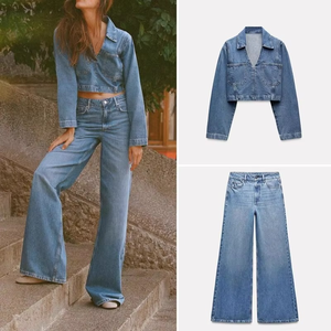 Conjunto de Moda Otoñal para Mujer, Camisa Corta de Mezclilla Informal con Cuello Sólido y Manga Larga, Pantalones Vaqueros de Pierna Ancha de Cintura Alta por Encima de la Rodilla - Product Image 6